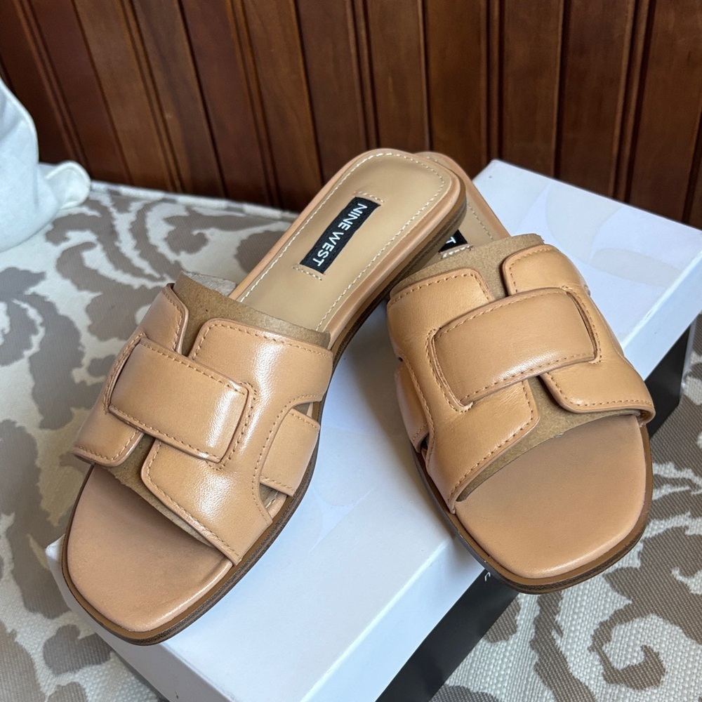 Nine West Germani Light Natural Leather Slide Sandals 5.5